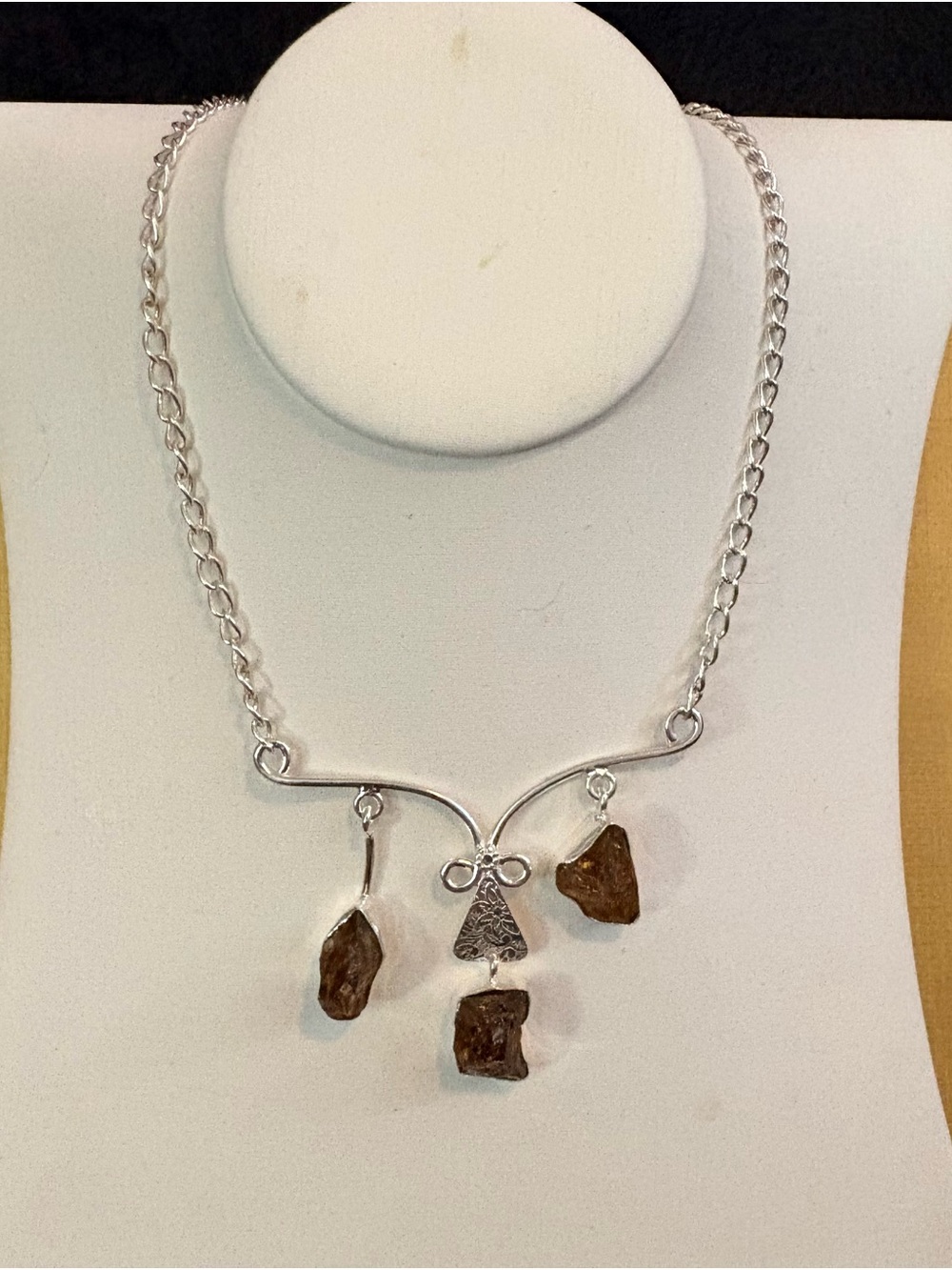Silver Chain 925 plated Necklace with Brown Raw Baltic amber Stone Charms